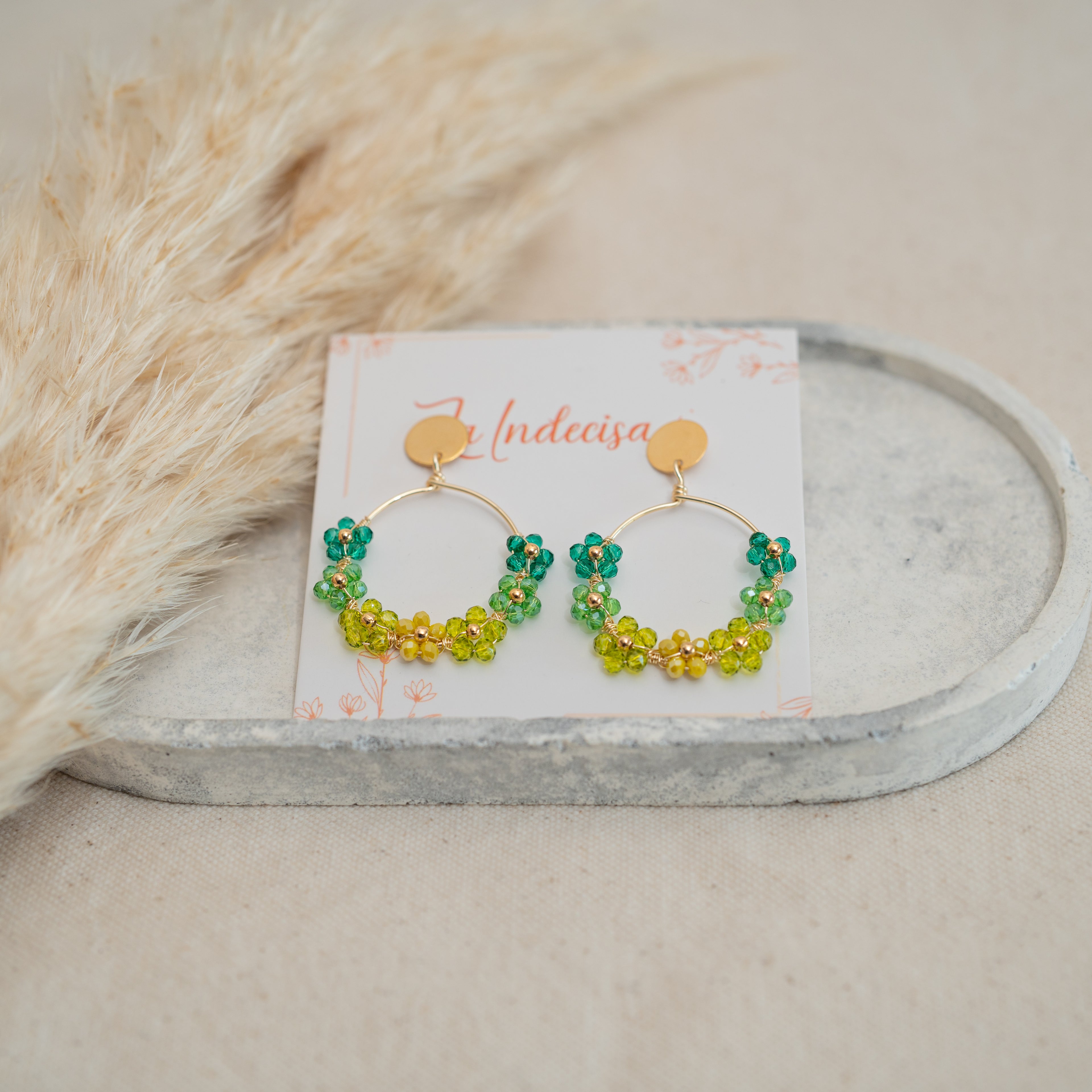 Aros Flores de Cristal Verde & Amarillo