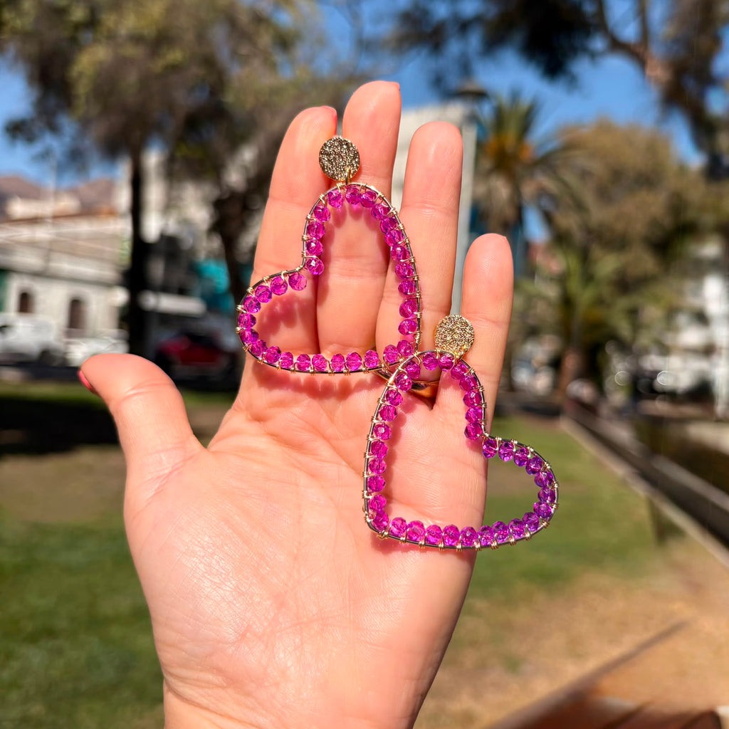 Aros corazón de Cristal Fucsia